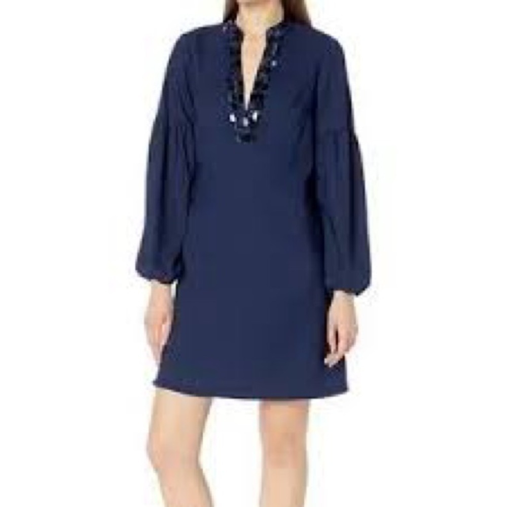 Lilly Pulitzer SHEA STRETCH DRESS Sequin V-neck Collar Casual Preppy Navy SIZE 2